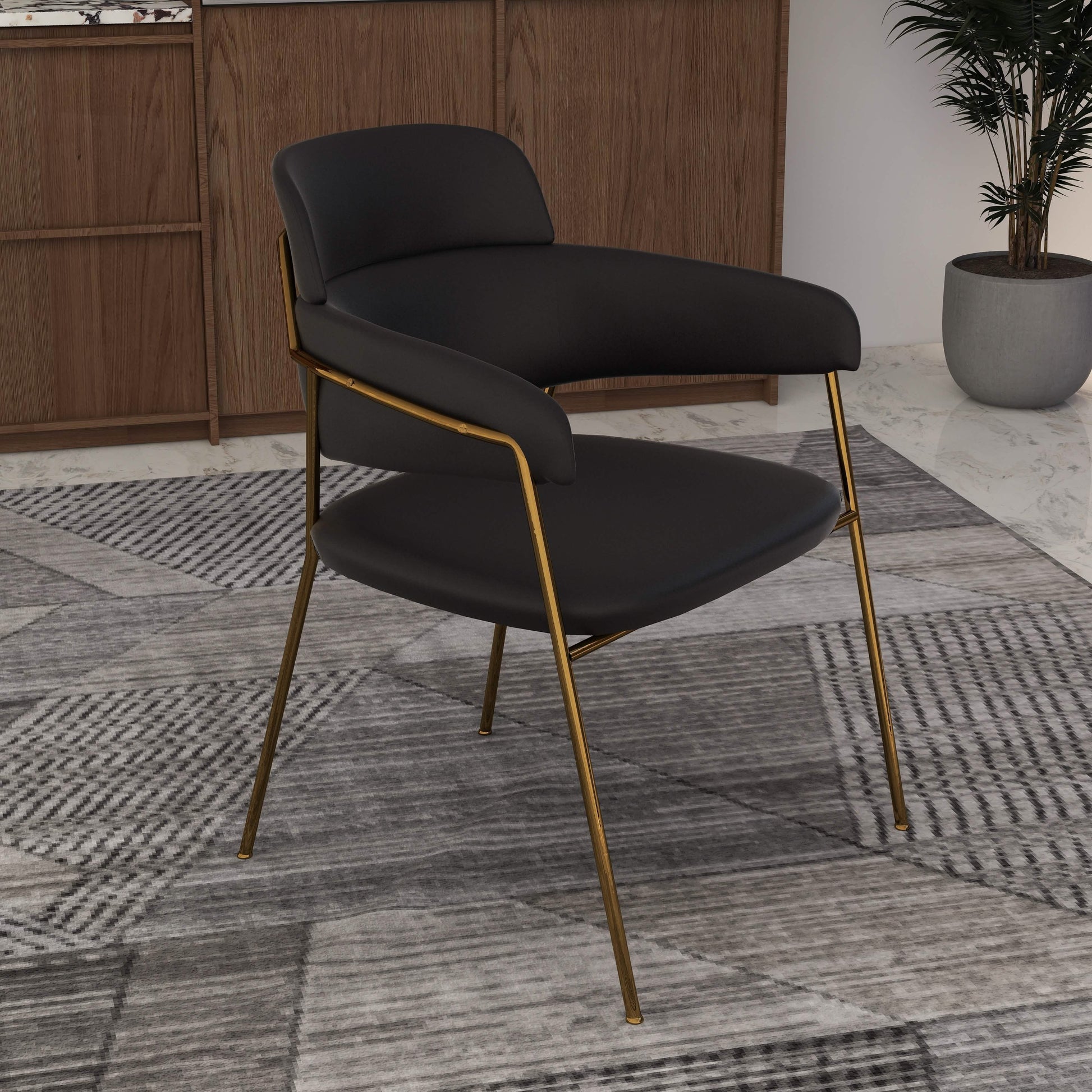 Axis Upholstered Dining Chair with Curved Open - Back and Arms and Black/Gold Stainless Steel Legs