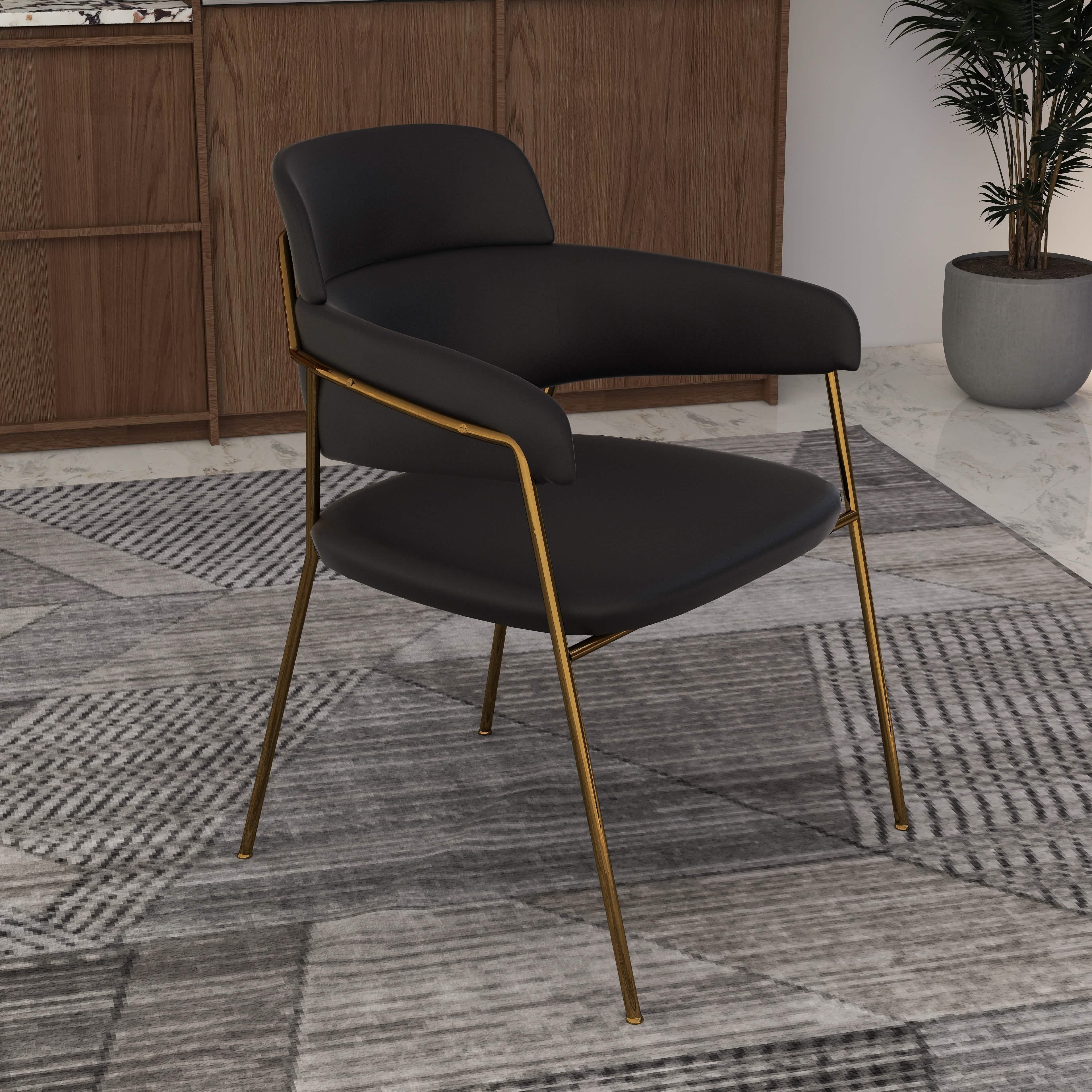 Axis Upholstered Dining Chair with Curved Open - Back and Arms and Black/Gold Stainless Steel Legs