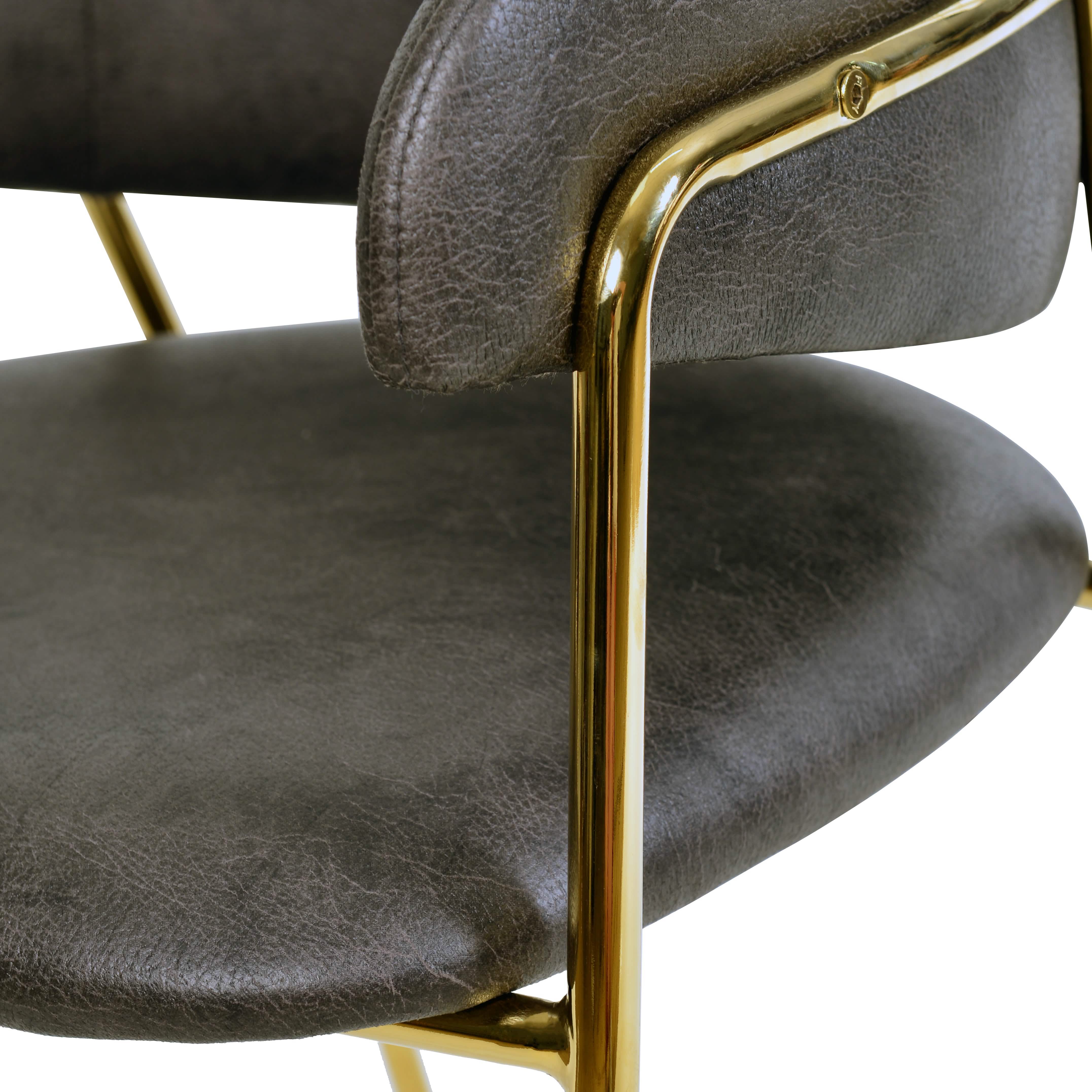 Axis Upholstered Dining Chair with Curved Open - Back and Arms and Black/Gold Stainless Steel Legs
