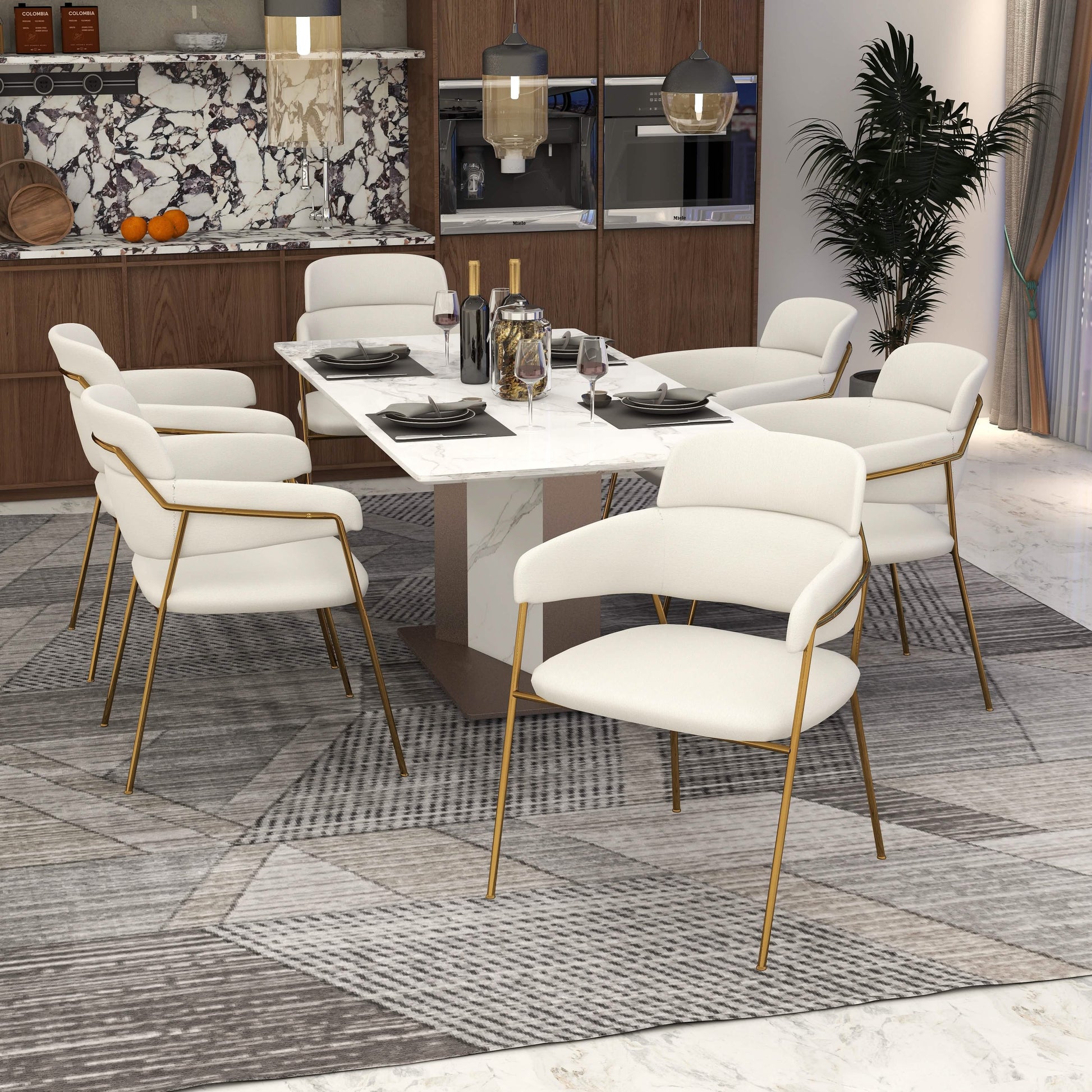 Axis Upholstered Dining Chair with Curved Open - Back and Arms and Black/Gold Stainless Steel Legs