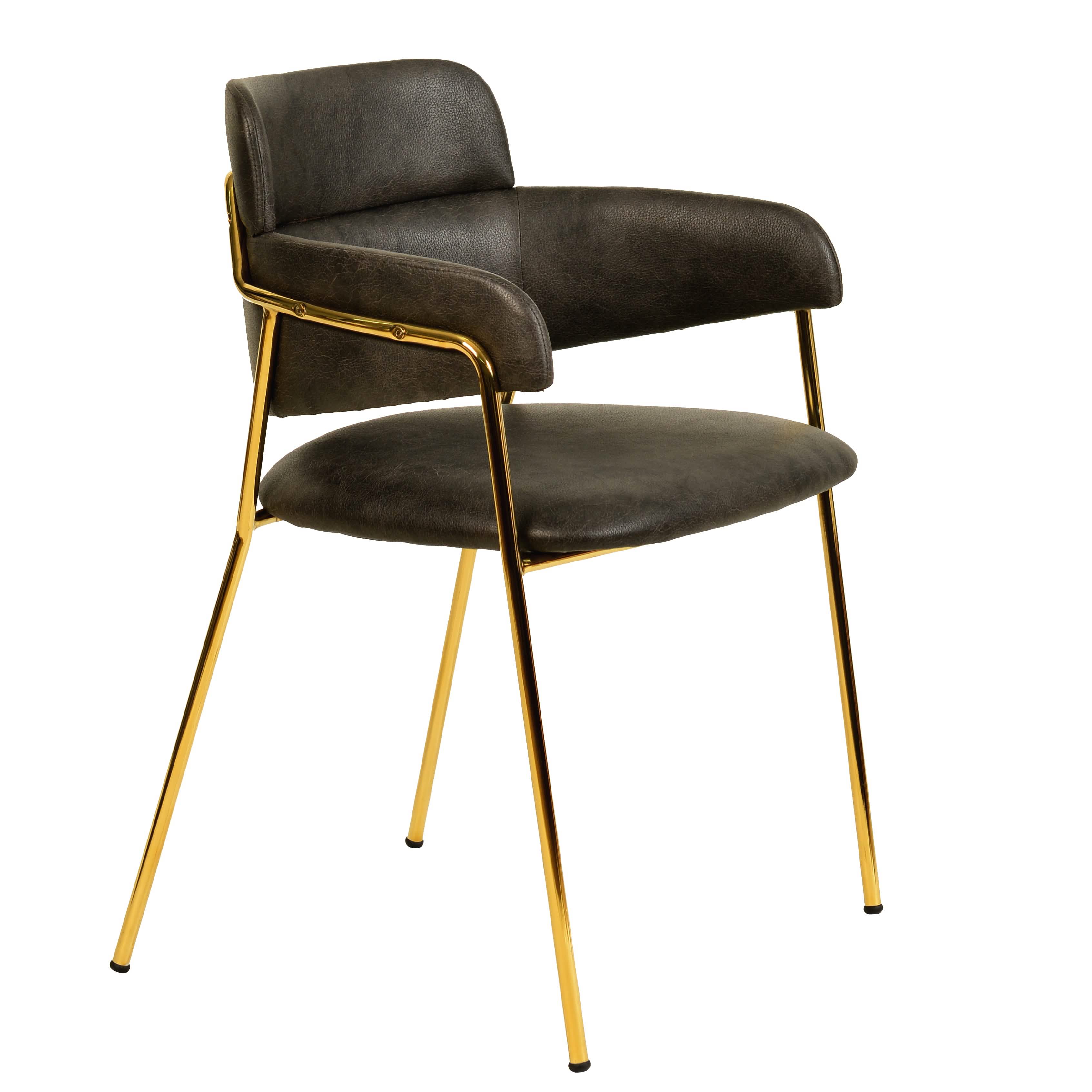 Axis Upholstered Dining Chair with Curved Open - Back and Arms and Black/Gold Stainless Steel Legs