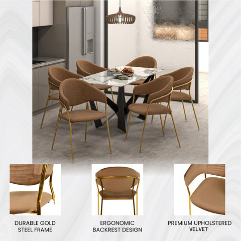 Bella Dining Chair Upholsted in Leather or Velvet in Gold Stainless Steel