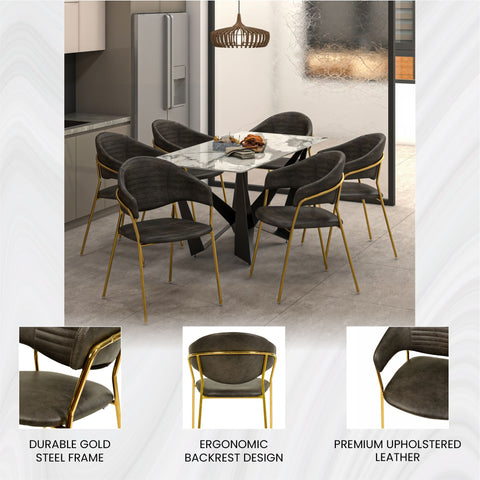 Bella Dining Chair Upholsted in Leather or Velvet in Gold Stainless Steel