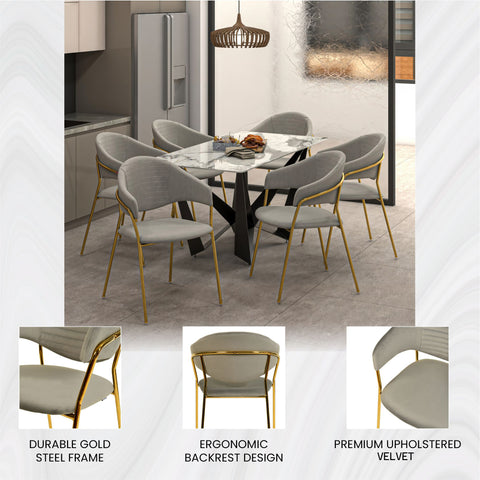 Bella Dining Chair Upholsted in Leather or Velvet in Gold Stainless Steel