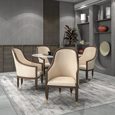 Belle Leather Dining Chair with Arms and Gold Metal Caps with Rubberwood Frame and Legs