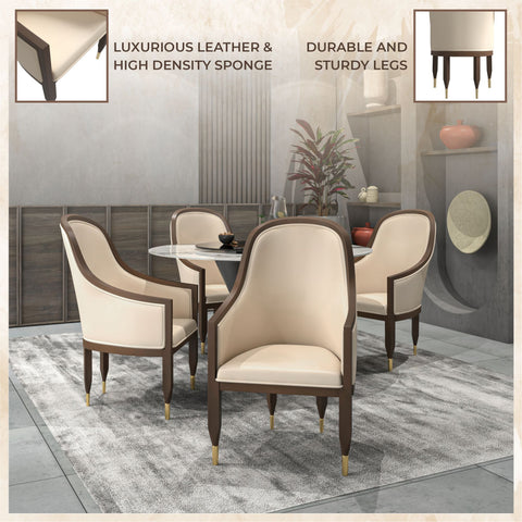 Belle Leather Dining Chair with Arms and Gold Metal Caps with Rubberwood Frame and Legs