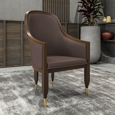 Belle Leather Dining Chair with Arms and Gold Metal Caps with Rubberwood Frame and Legs