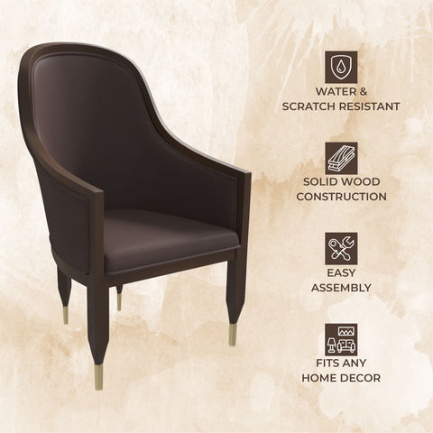 Belle Leather Dining Chair with Arms and Gold Metal Caps with Rubberwood Frame and Legs