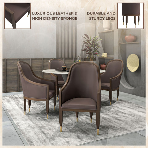 Belle Leather Dining Chair with Arms and Gold Metal Caps with Rubberwood Frame and Legs