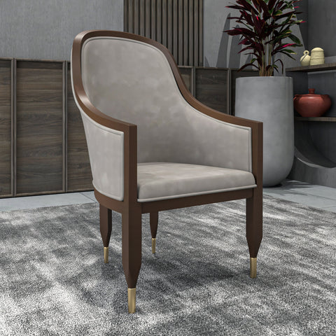 Belle Leather Dining Chair with Arms and Gold Metal Caps with Rubberwood Frame and Legs