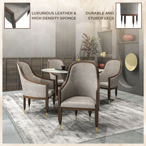 Belle Leather Dining Chair with Arms and Gold Metal Caps with Rubberwood Frame and Legs