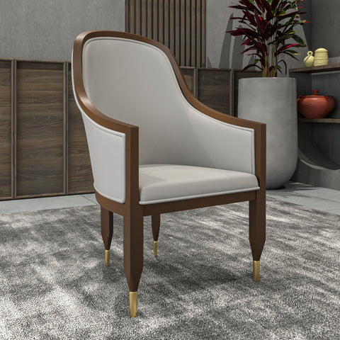 Belle Leather Dining Chair with Arms and Gold Metal Caps with Rubberwood Frame and Legs