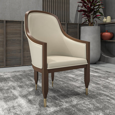 Belle Leather Dining Chair with Arms and Gold Metal Caps with Rubberwood Frame and Legs