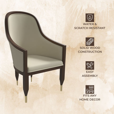 Belle Leather Dining Chair with Arms and Gold Metal Caps with Rubberwood Frame and Legs