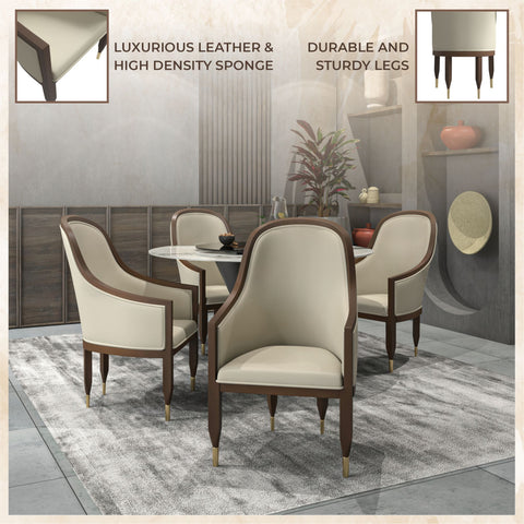 Belle Leather Dining Chair with Arms and Gold Metal Caps with Rubberwood Frame and Legs