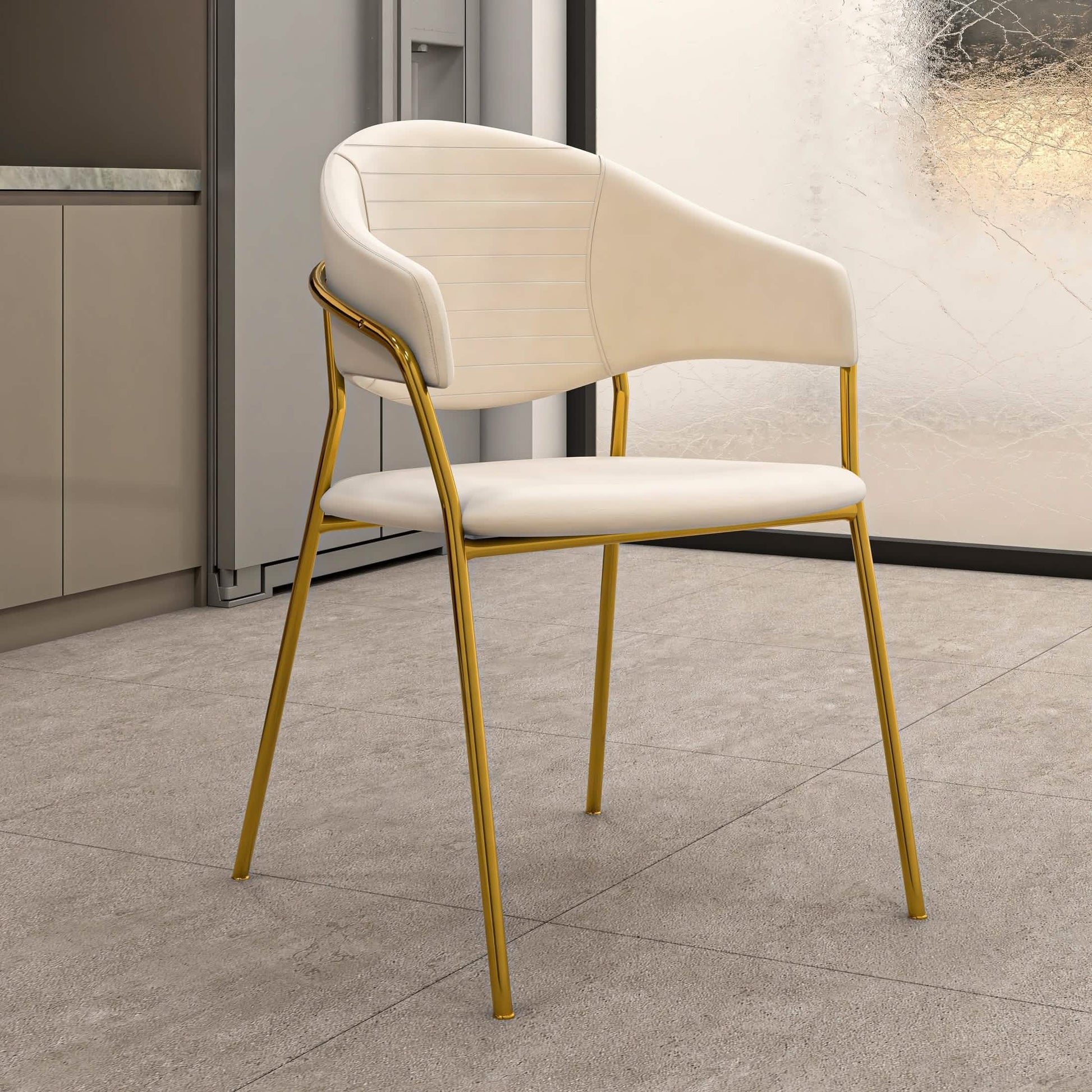 Bella Dining Chair Upholsted in Leather or Velvet in Gold Stainless Steel