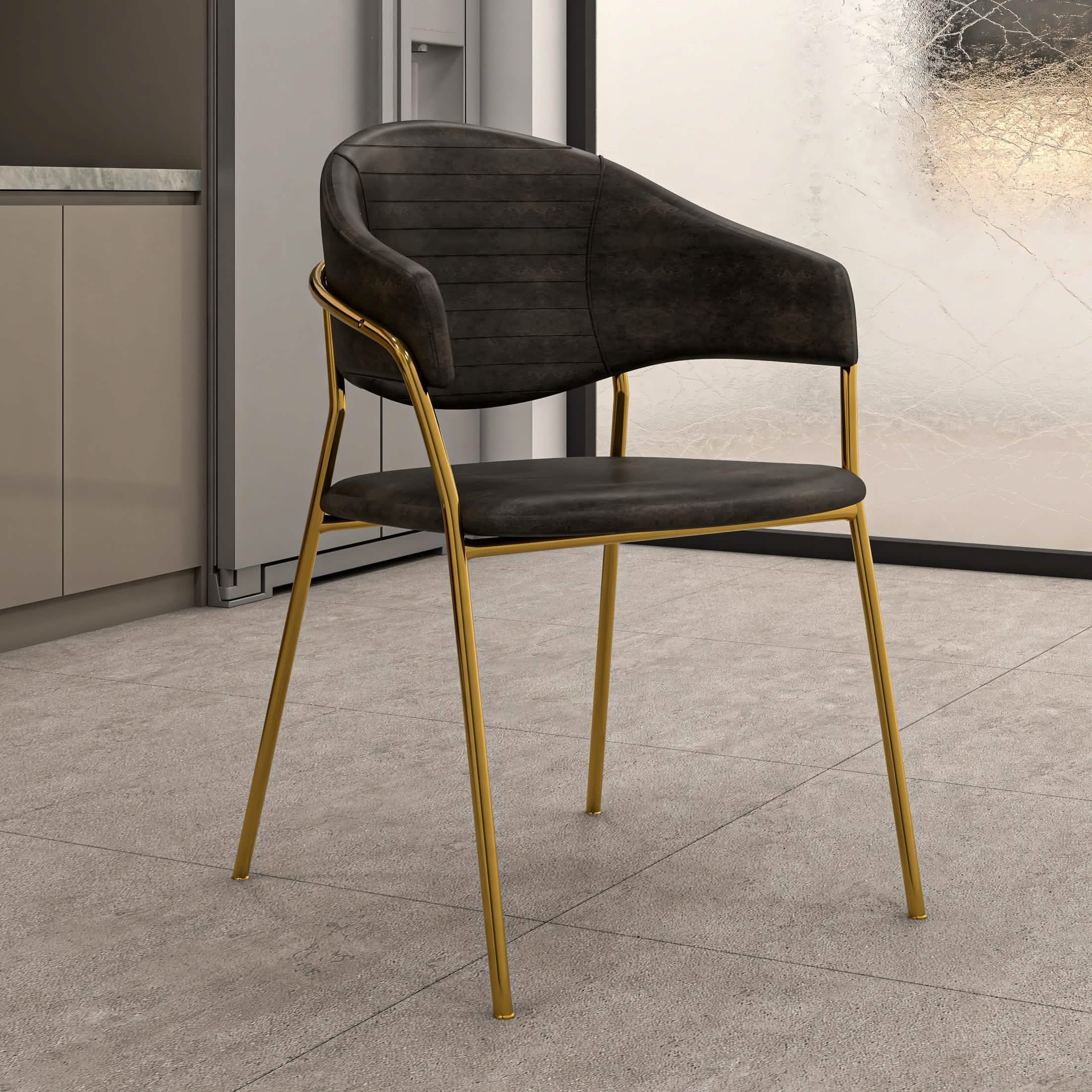 Bella Dining Chair Upholsted in Leather or Velvet in Gold Stainless Steel