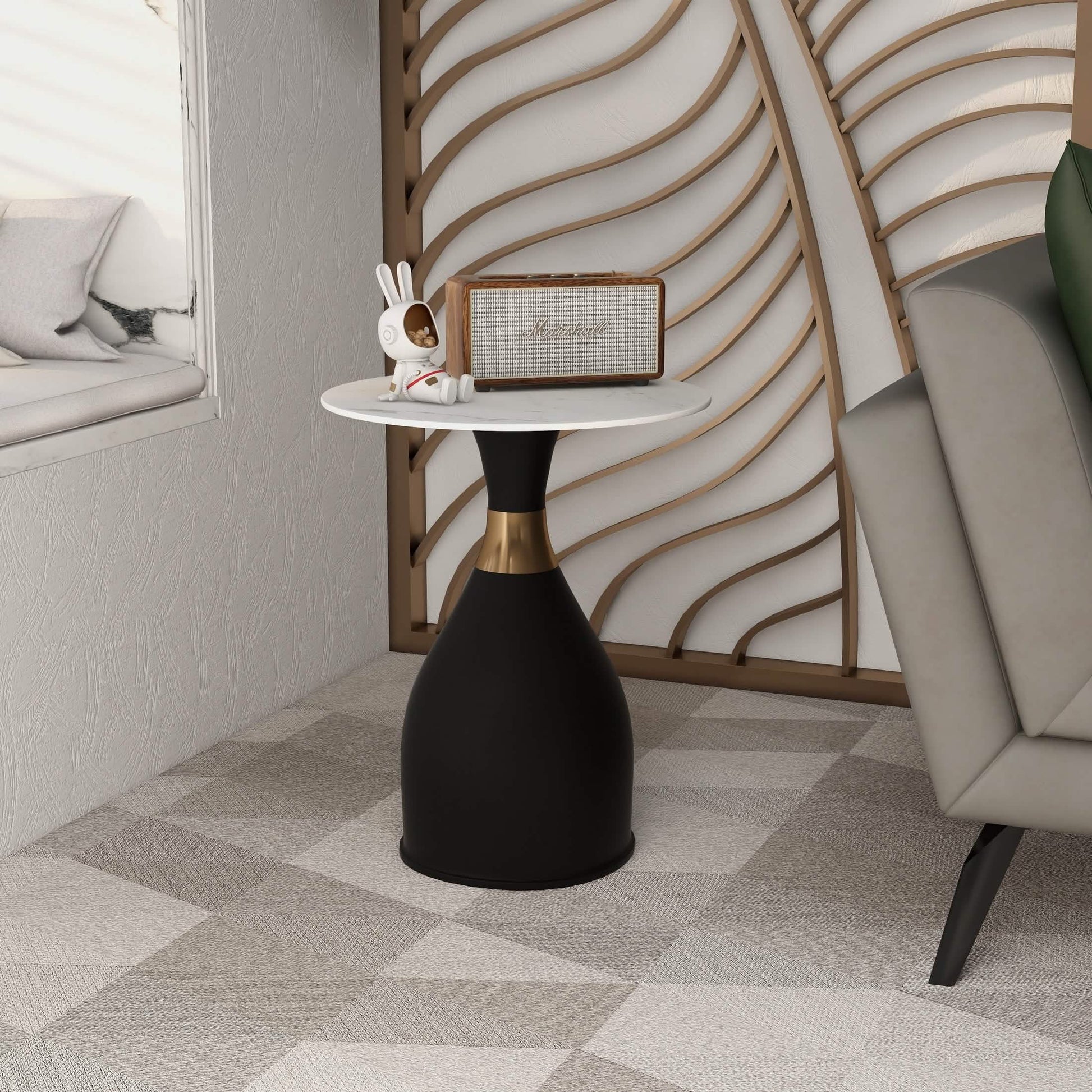 Bento Sintered Stone Top Side Table Round Accent Table Indoor Nightstand with Stainless Steel