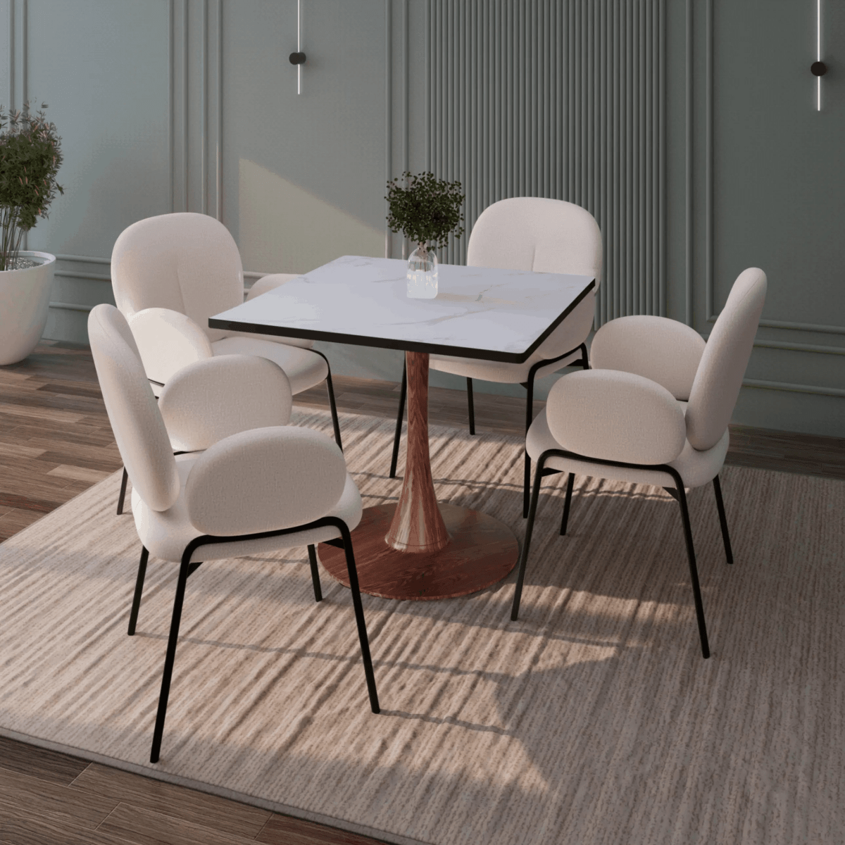 Bristol 27" Square Dining Table with Marbled White MDF Top and Steel Pedestal Base