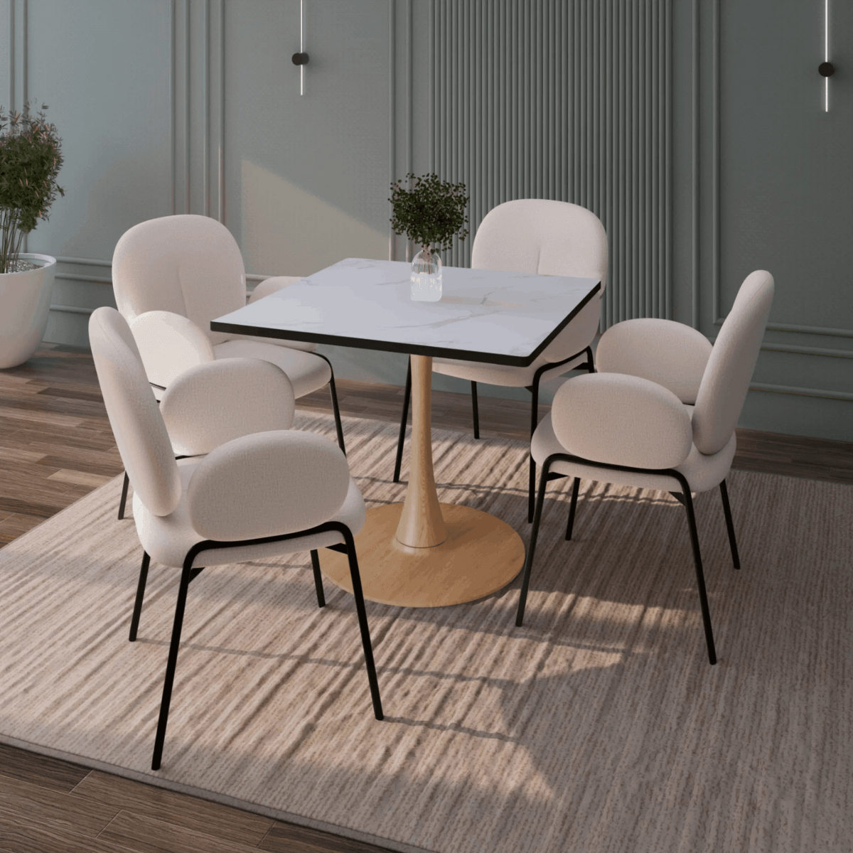 Bristol 27" Square Dining Table with Marbled White MDF Top and Steel Pedestal Base