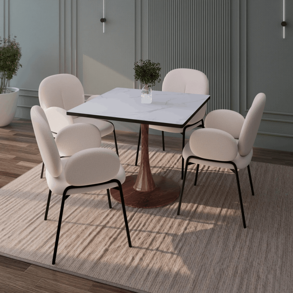 Bristol 27" Square Dining Table with Marbled White MDF Top and Steel Pedestal Base