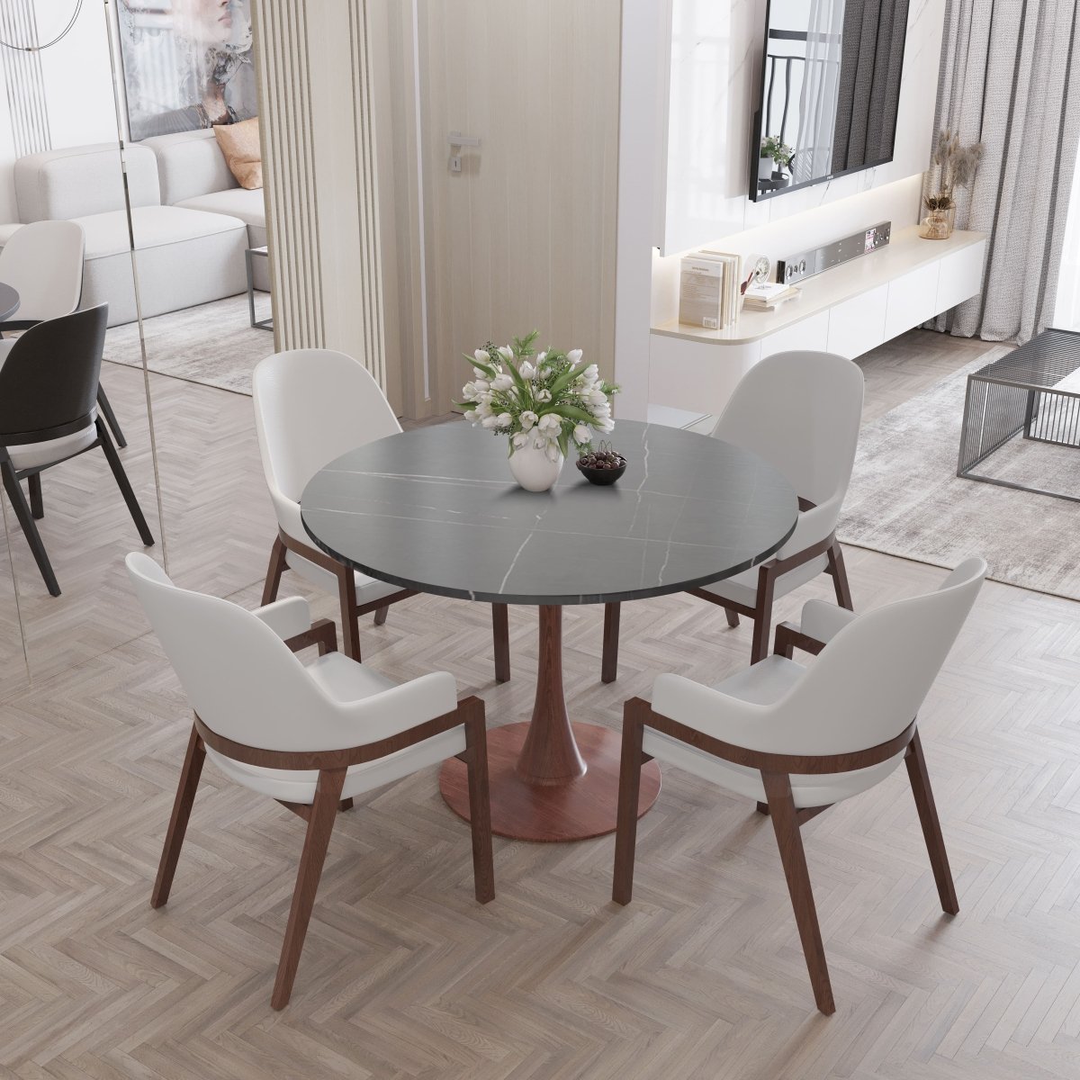 Bristol 27"/31"/35" Round Dining Table Wood Transfer Cherry/Natural/Walnut Base with Sintered Stone Table Top
