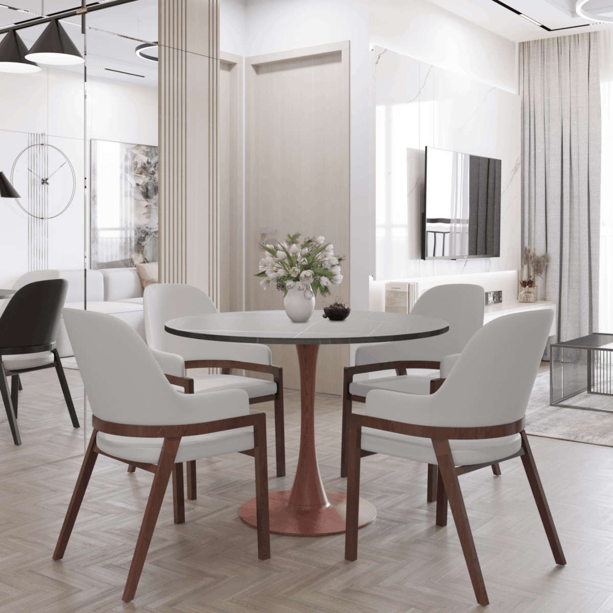 Bristol 27"/31"/35"/40" Round Dining Table Wood Transfer Cherry/Natural/Walnut Base with Sintered Stone Table Top