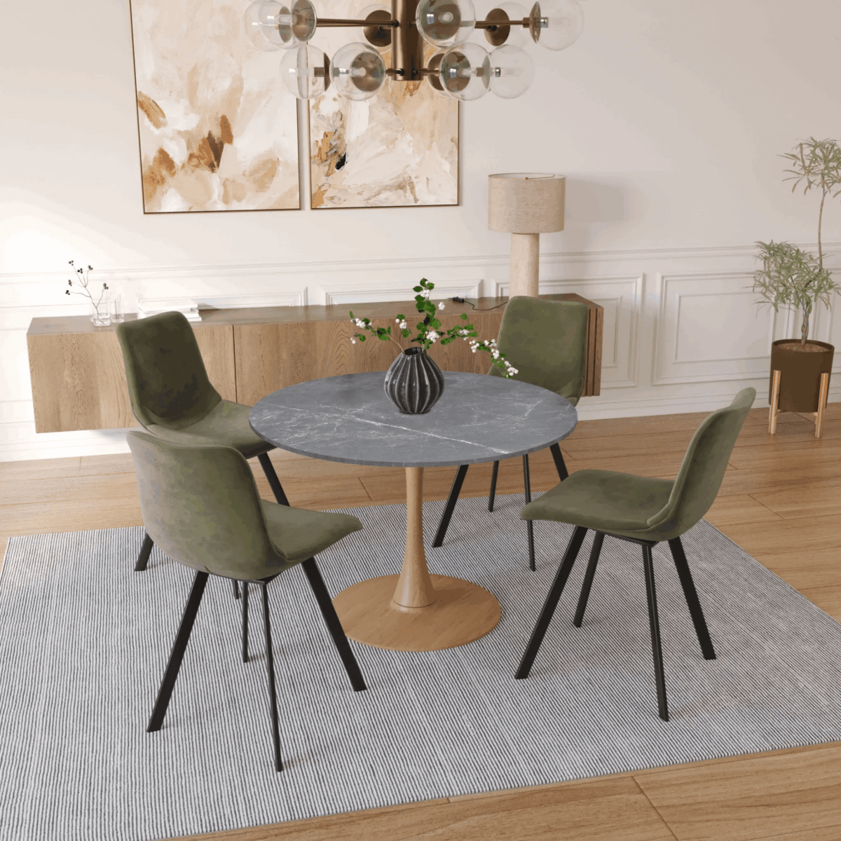 Bristol 36" Round Dining Table with Marbled Grey Sintered Stone Top and Steel Pedestal Base