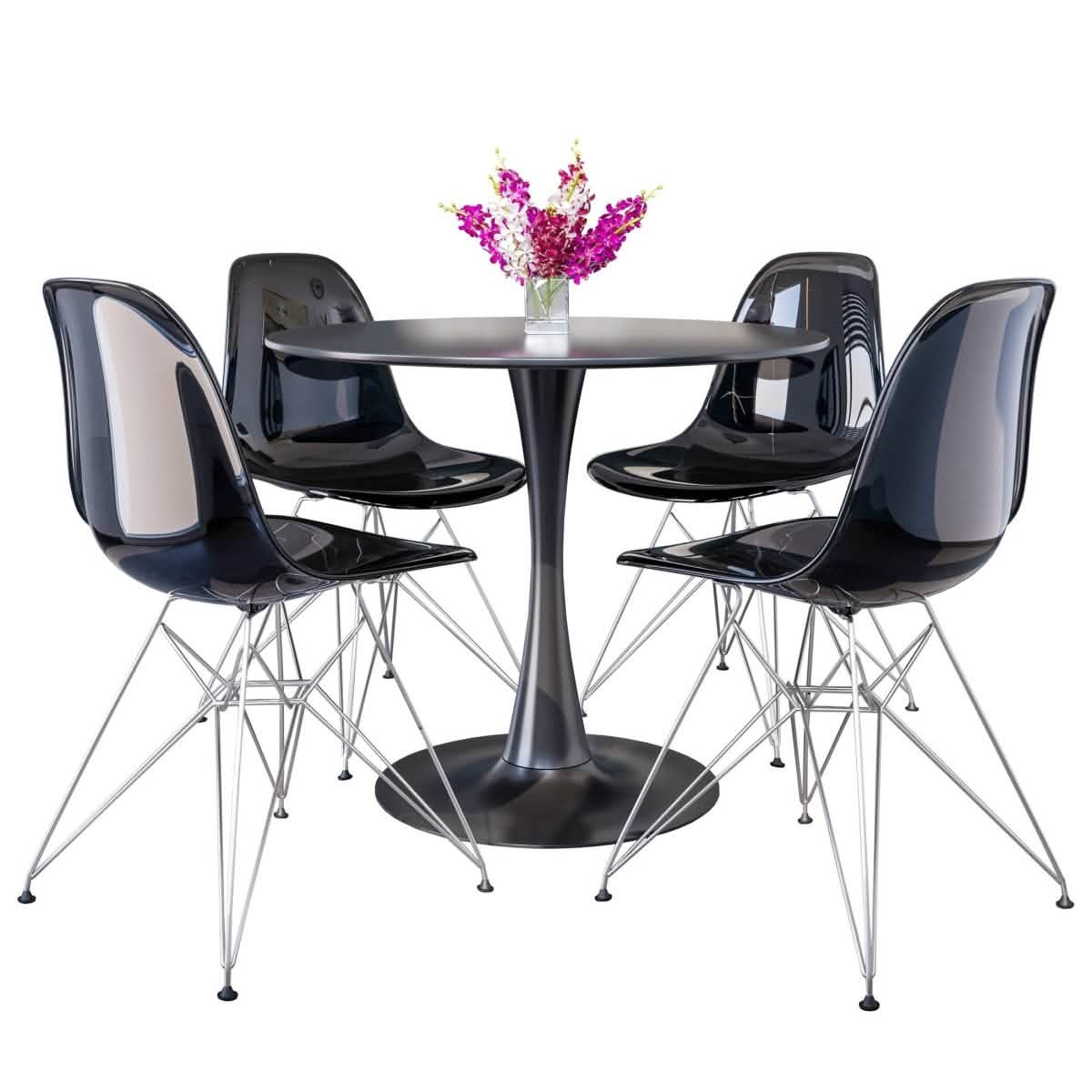 Bristol 5 - Piece Dining Set 35" Round Dining Table in Black Iron - 4 ABS Plastic Side Chair in Chrome