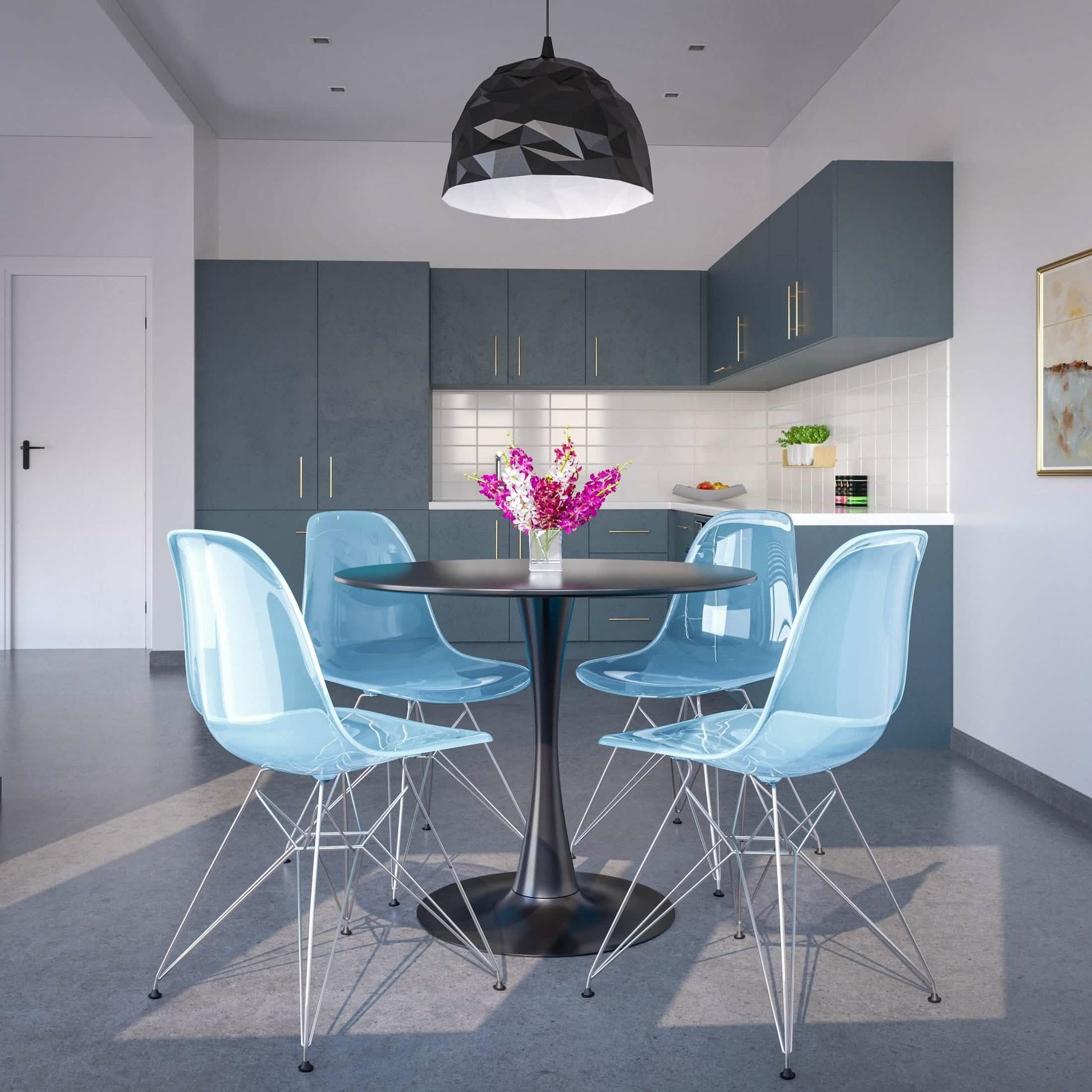 Bristol 5 - Piece Dining Set 35" Round Dining Table in Black Iron - 4 ABS Plastic Side Chair in Chrome