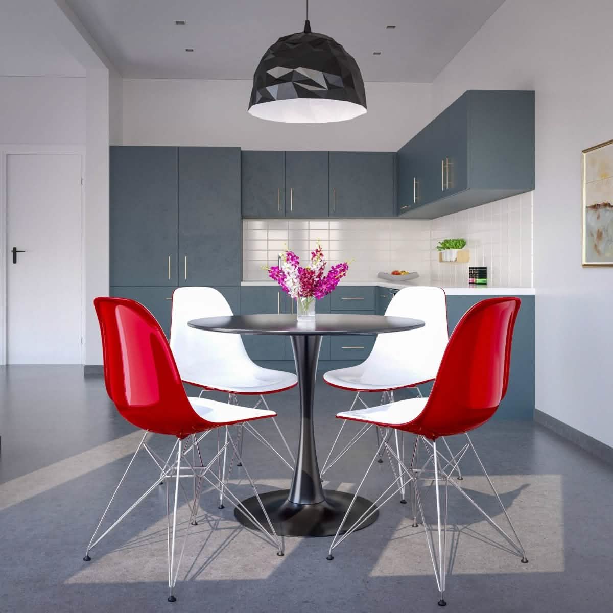 Bristol 5 - Piece Dining Set 35" Round Dining Table in Black Iron - 4 ABS Plastic Side Chair in Chrome