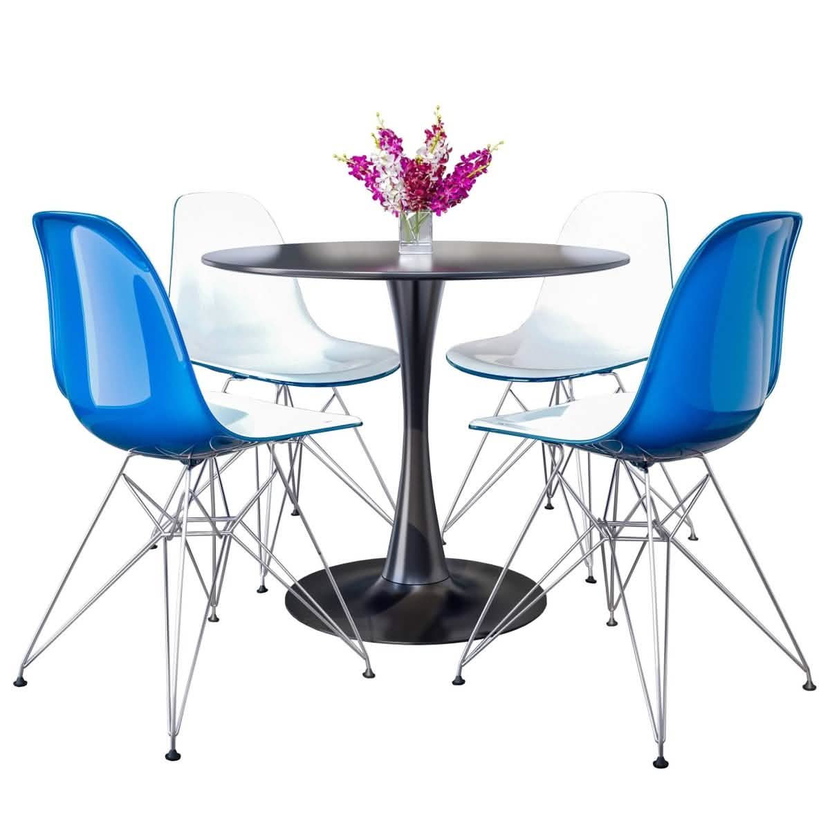 Bristol 5 - Piece Dining Set 35" Round Dining Table in Black Iron - 4 ABS Plastic Side Chair in Chrome