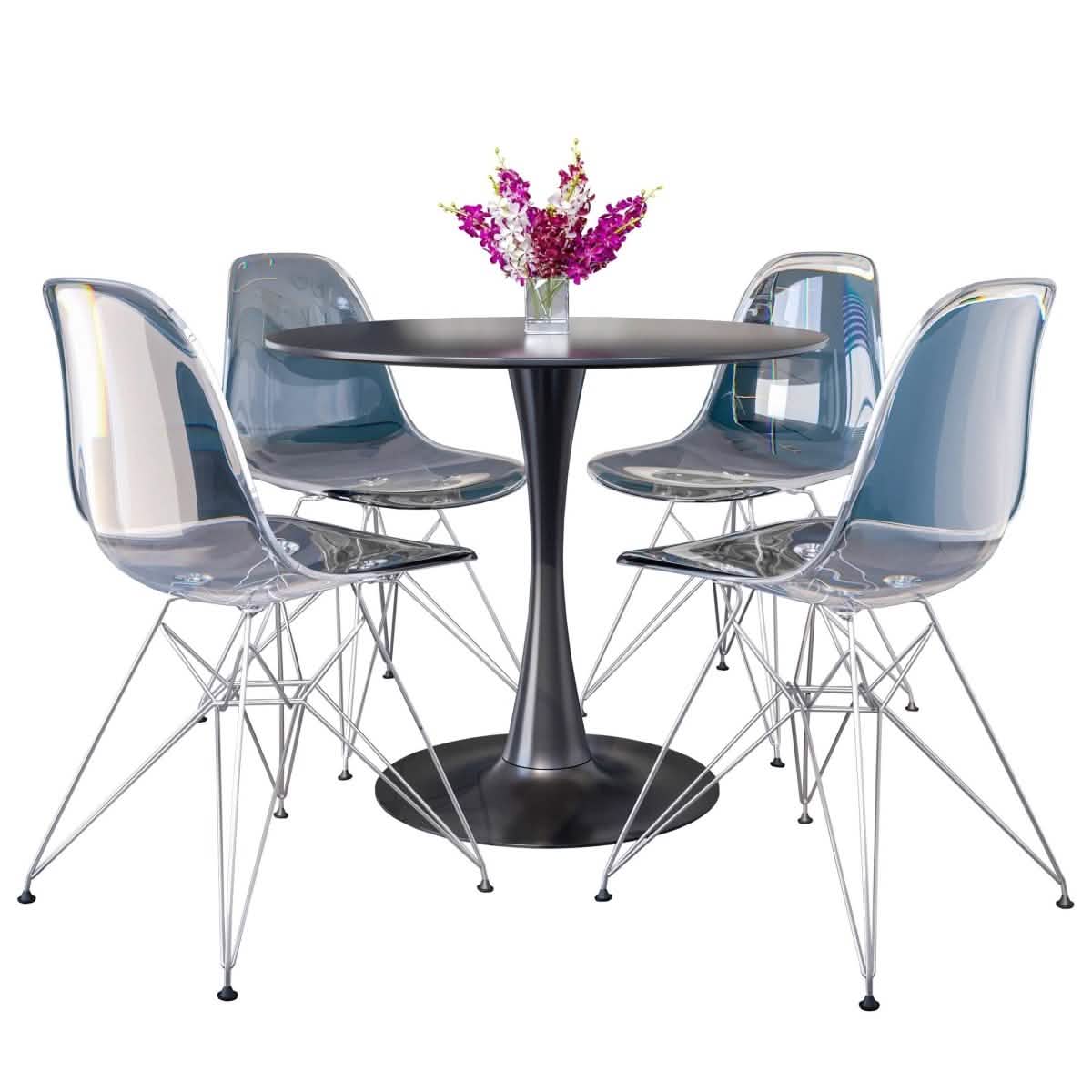 Bristol 5 - Piece Dining Set 35" Round Dining Table in Black Iron - 4 ABS Plastic Side Chair in Chrome