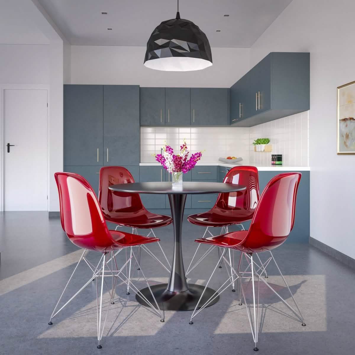 Bristol 5 - Piece Dining Set 35" Round Dining Table in Black Iron - 4 ABS Plastic Side Chair in Chrome