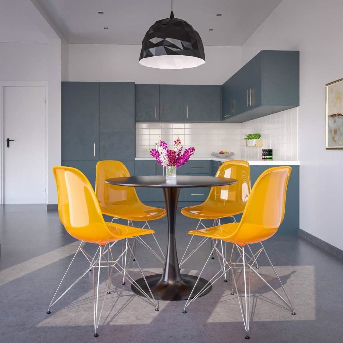 Bristol 5 - Piece Dining Set 35" Round Dining Table in Black Iron - 4 ABS Plastic Side Chair in Chrome
