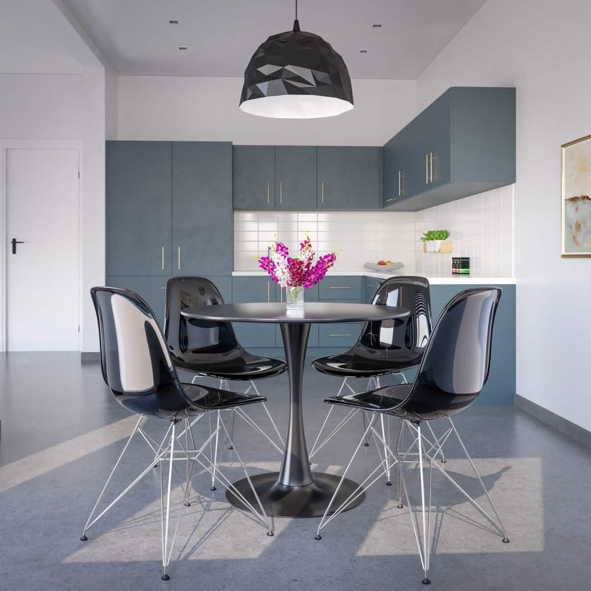 Bristol 5 - Piece Dining Set 35" Round Dining Table in Black Iron - 4 ABS Plastic Side Chair in Chrome