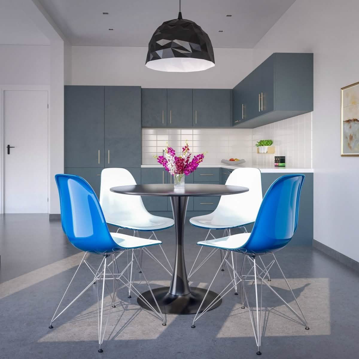 Bristol 5 - Piece Dining Set 35" Round Dining Table in Black Iron - 4 ABS Plastic Side Chair in Chrome