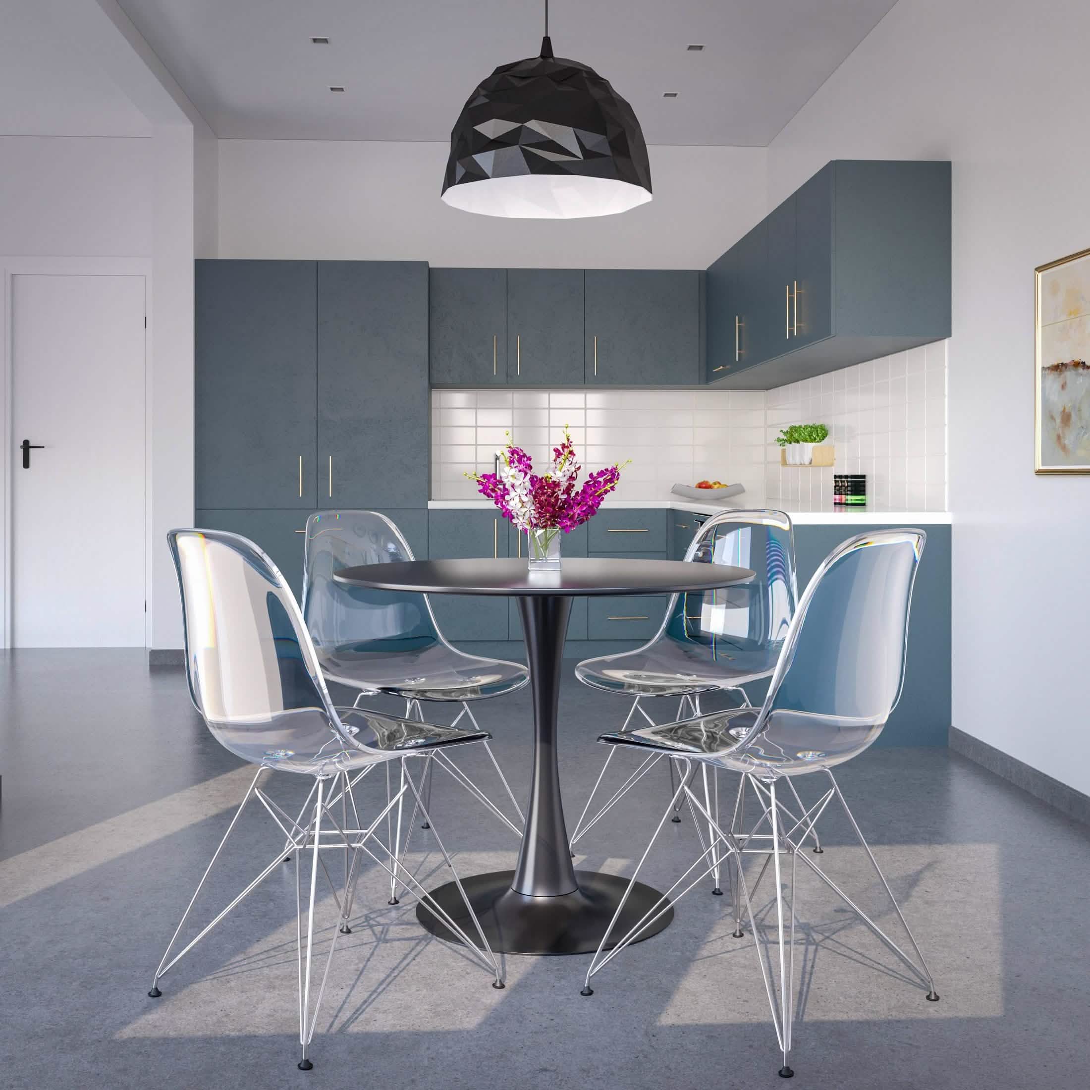 Bristol 5 - Piece Dining Set 35" Round Dining Table in Black Iron - 4 ABS Plastic Side Chair in Chrome