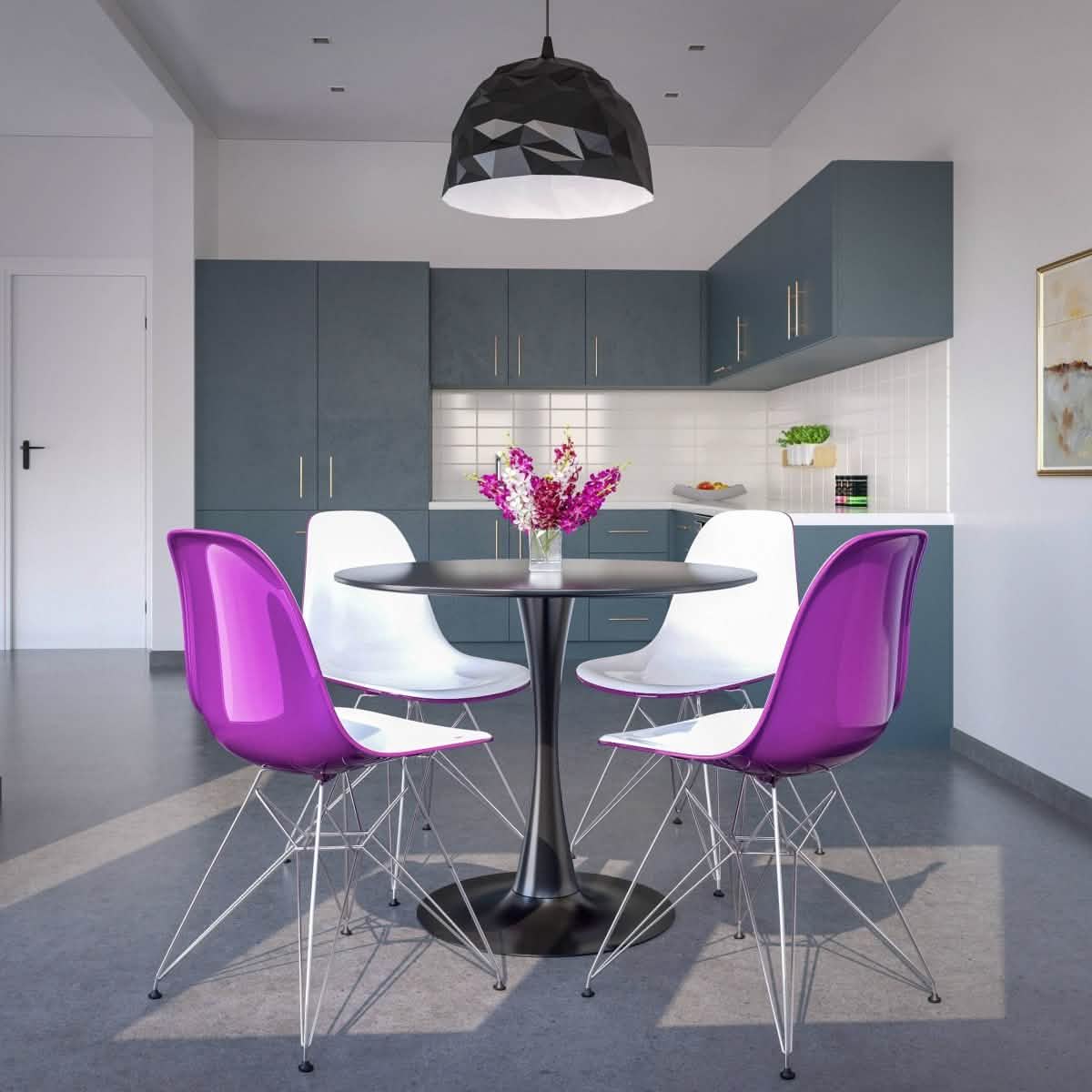 Bristol 5 - Piece Dining Set 35" Round Dining Table in Black Iron - 4 ABS Plastic Side Chair in Chrome