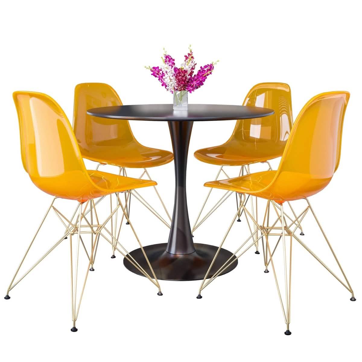 Bristol 5 - Piece Dining Set 35" Round Dining Table in Black Iron - 4 ABS Plastic Side Chair in Gold