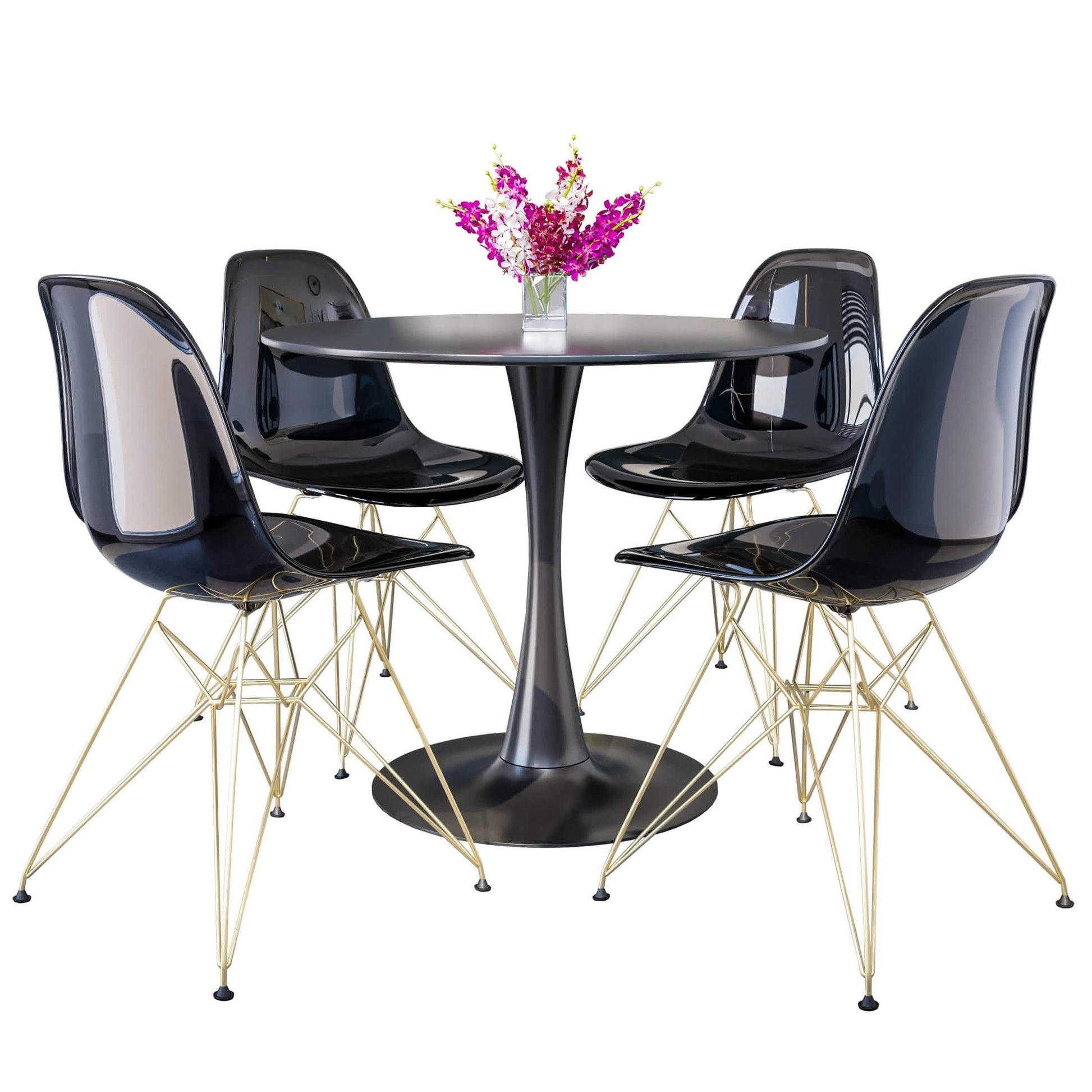 Bristol 5 - Piece Dining Set 35" Round Dining Table in Black Iron - 4 ABS Plastic Side Chair in Gold