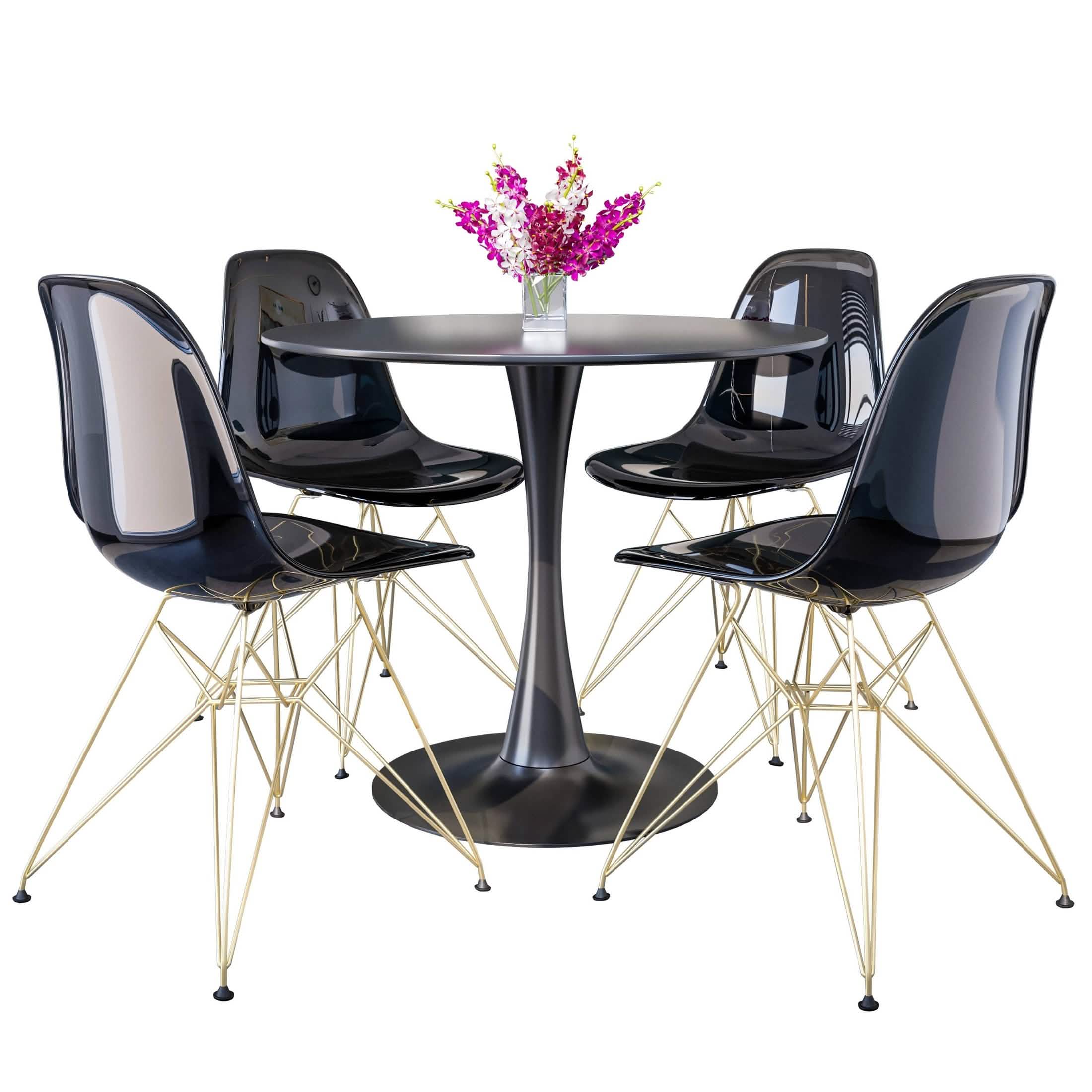 Bristol 5 - Piece Dining Set 35" Round Dining Table in Black Iron - 4 ABS Plastic Side Chair in Gold