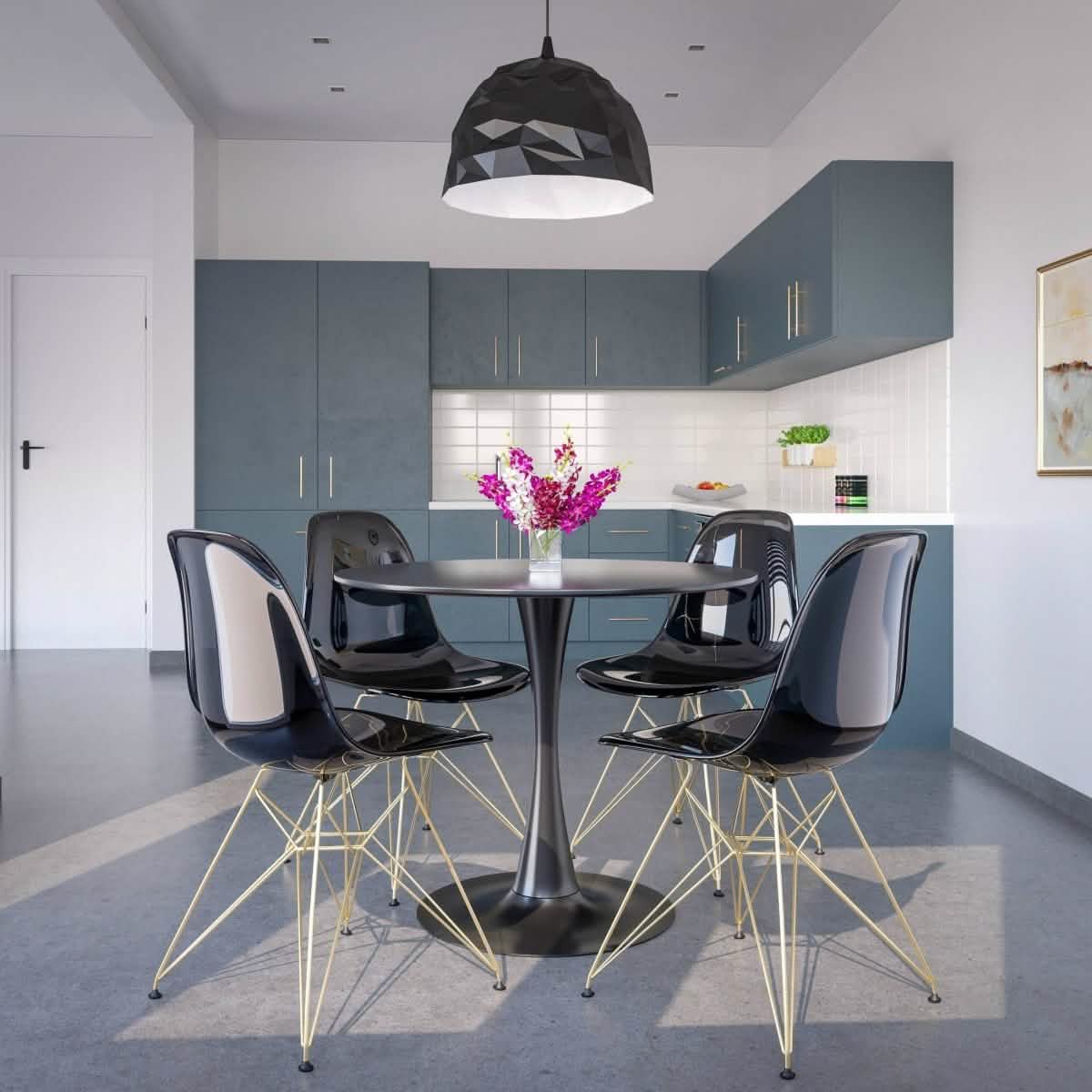 Bristol 5 - Piece Dining Set 35" Round Dining Table in Black Iron - 4 ABS Plastic Side Chair in Gold