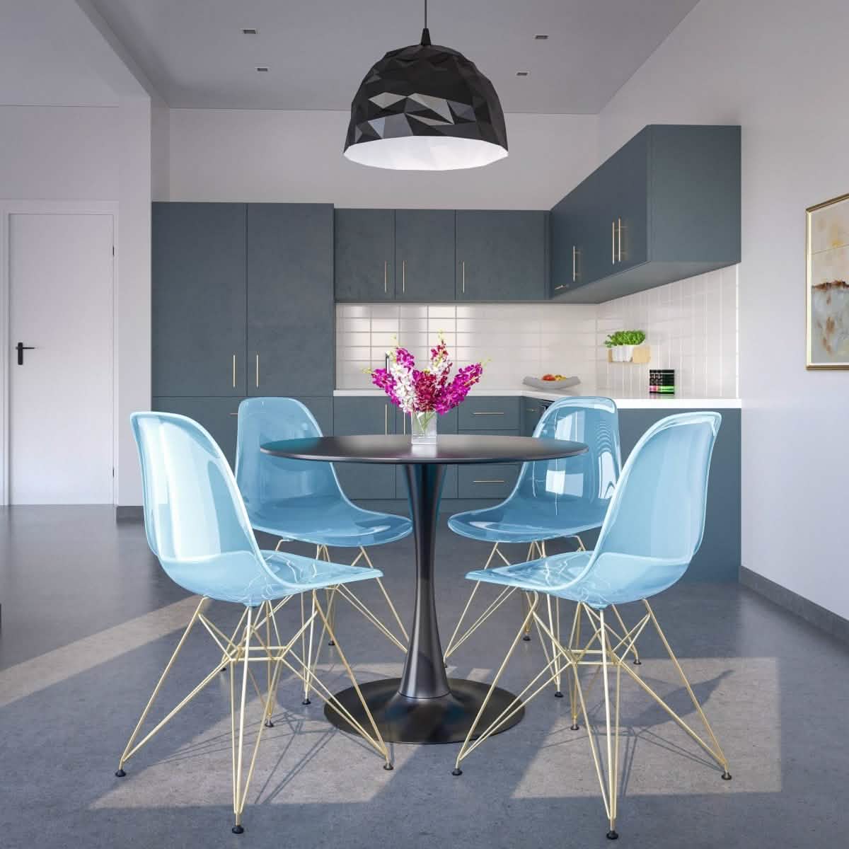 Bristol 5 - Piece Dining Set 35" Round Dining Table in Black Iron - 4 ABS Plastic Side Chair in Gold