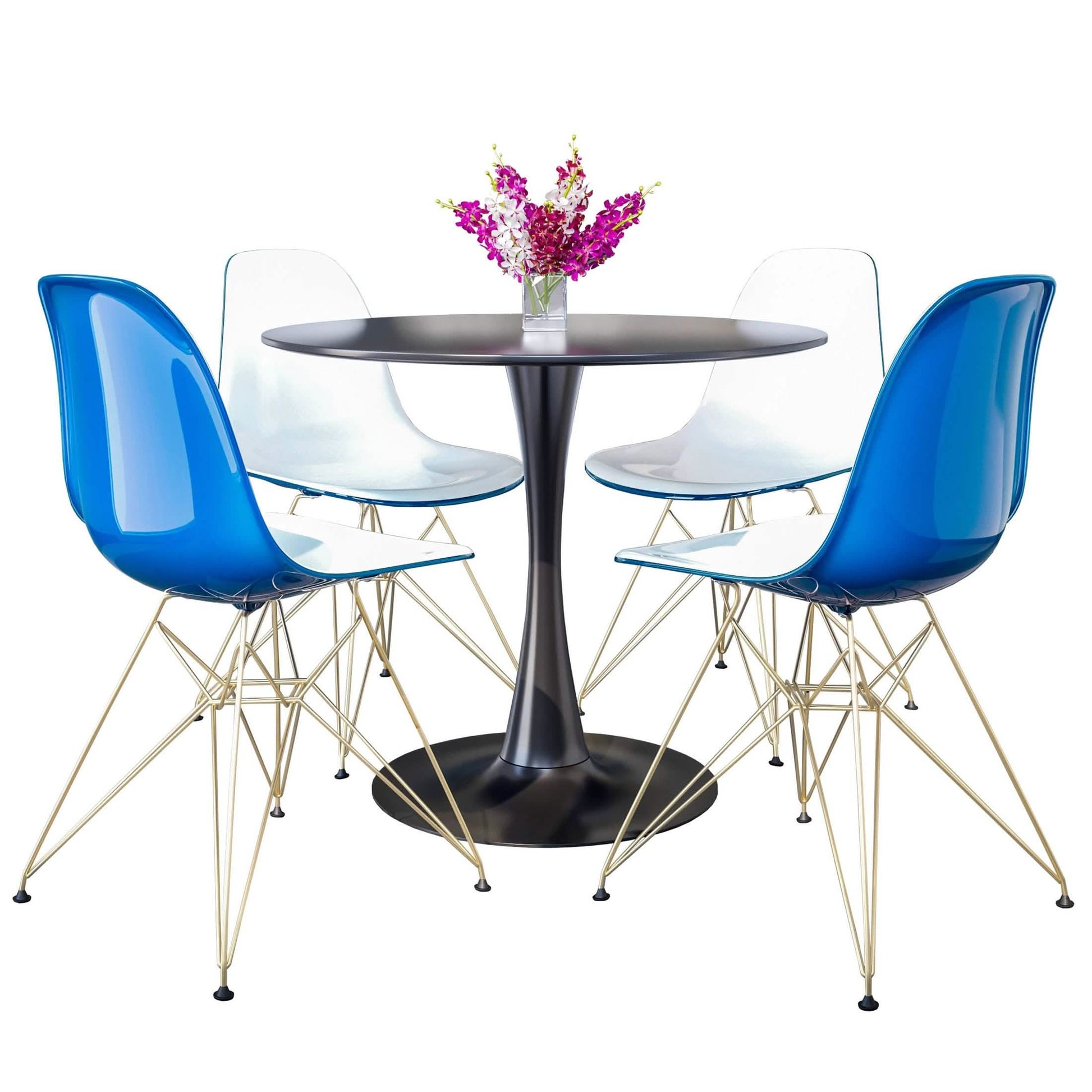 Bristol 5 - Piece Dining Set 35" Round Dining Table in Black Iron - 4 ABS Plastic Side Chair in Gold