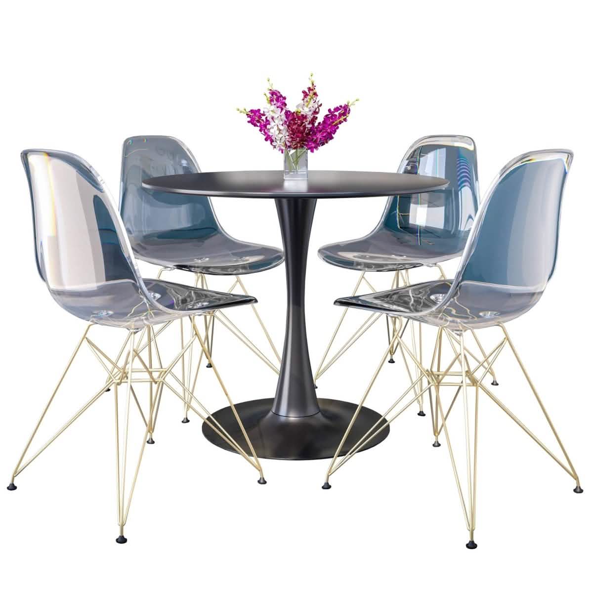 Bristol 5 - Piece Dining Set 35" Round Dining Table in Black Iron - 4 ABS Plastic Side Chair in Gold