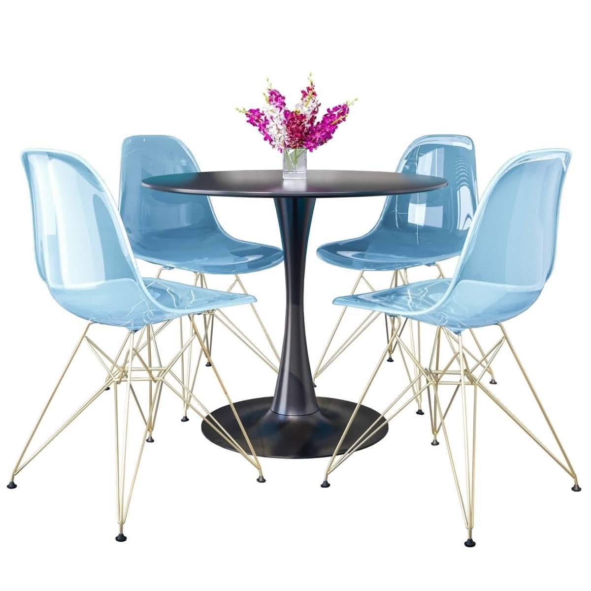Bristol 5 - Piece Dining Set 35" Round Dining Table in Black Iron - 4 ABS Plastic Side Chair in Gold