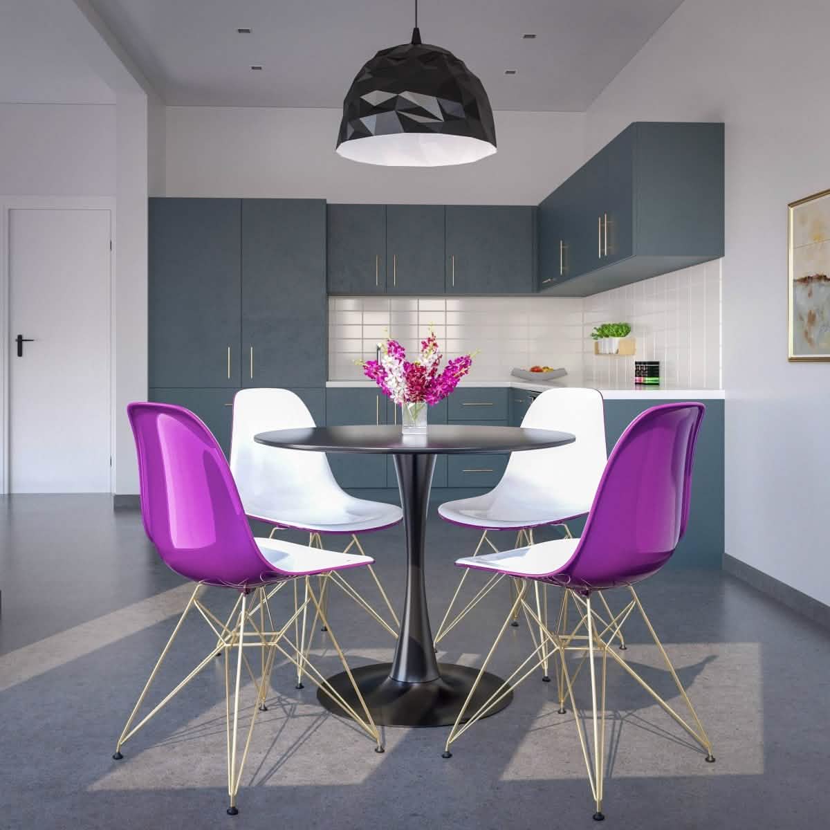 Bristol 5 - Piece Dining Set 35" Round Dining Table in Black Iron - 4 ABS Plastic Side Chair in Gold