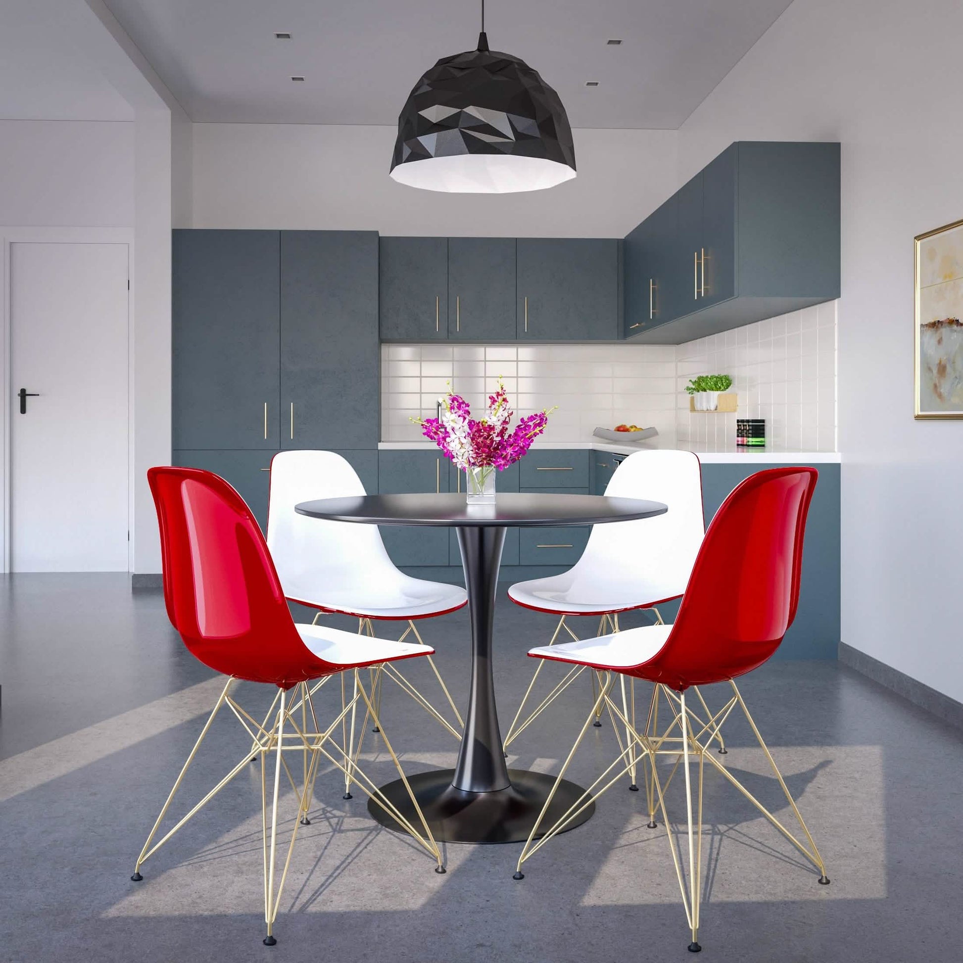 Bristol 5 - Piece Dining Set 35" Round Dining Table in Black Iron - 4 ABS Plastic Side Chair in Gold