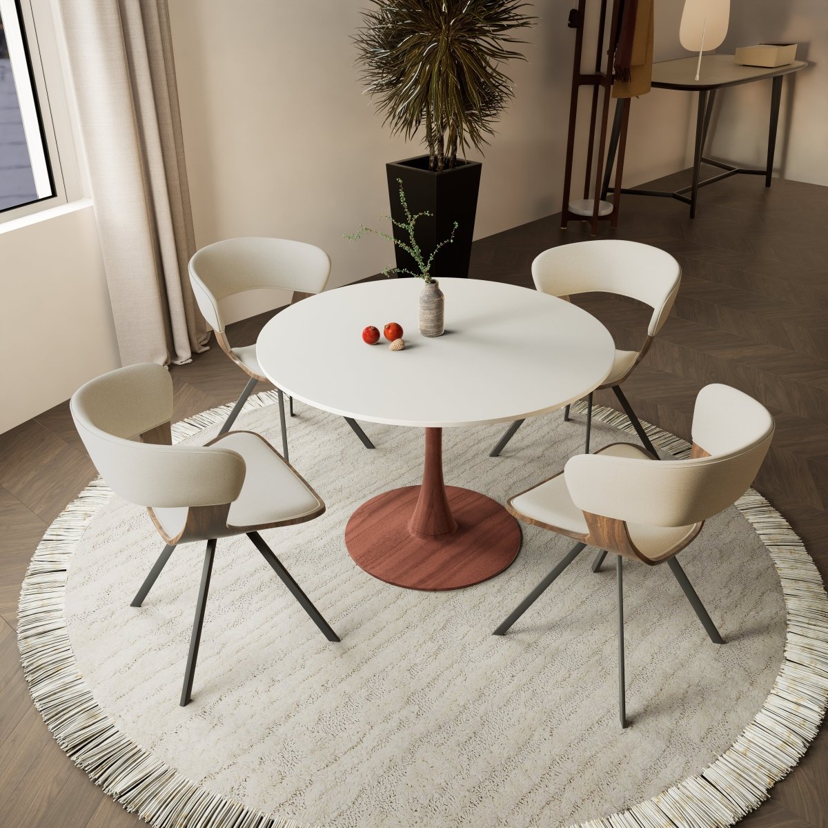 Bristol Round Dining Table With MDF Wood/Sintered Stone Tabletop with Cherry Finish Pedestal Base